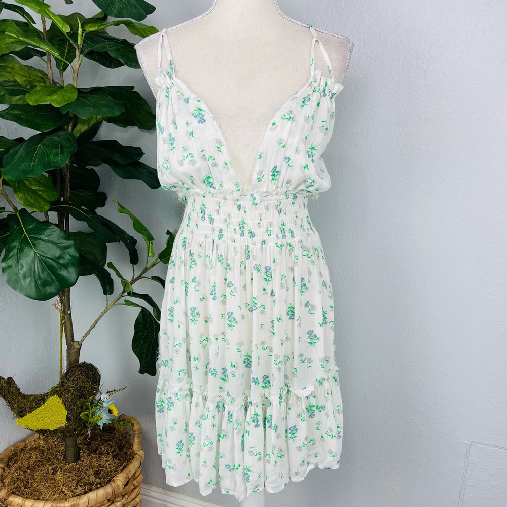 ASOS GREEN FLORAL WHOTE BACKLESS RUFFLE SMOCKED SUMMER SPRING DRESS